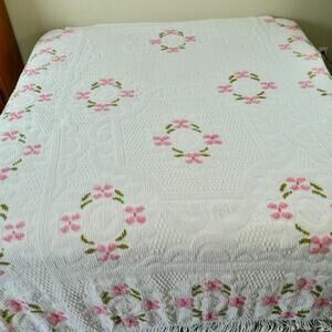 Vintage Chenille Bedspread Queen ? 107" x 92" White Pink Floral Retro Cottage